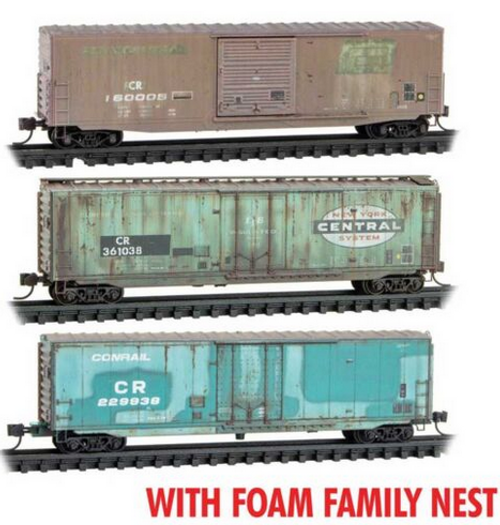 Micro-Trains 993 05 041 Conrail 50' Box Car 3-pack, CR, Ex-PC, Ex-NYC, N scale