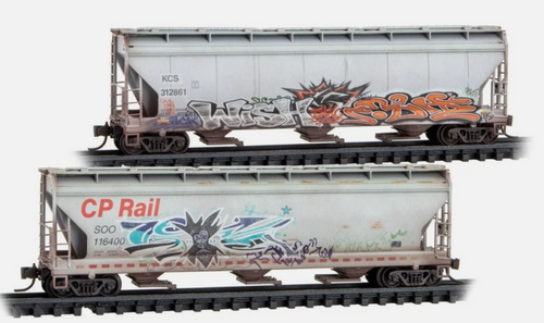 Micro-Trains 983 05 106 CPKC Heritage Weathered/Graffitied 3-bay Covered Hoppers 2-pack N scale