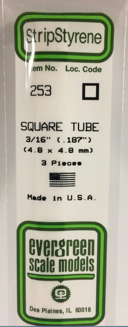 Evergreen 253 - .188" (4.8mm) OPAQUE WHITE POLYSTYRENE SQUARE TUBING