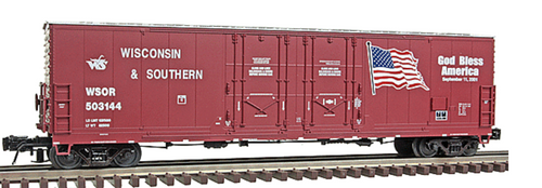 Atlas O Master 3001309 Wisconsin & Southern Evans 53' Double-Door Boxcar 2-Pack - 3-Rail 9/11 Commemorative Cars (brown, US Flag & Text) #'s 503081 & 503144