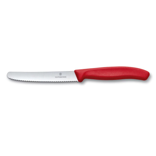 Victorinox Swiss Classic Tomato and Table Knife Ideal for Cutting Fruits and Vegetables with Soft Skin Serrated Blade in Red, 4.3 inches