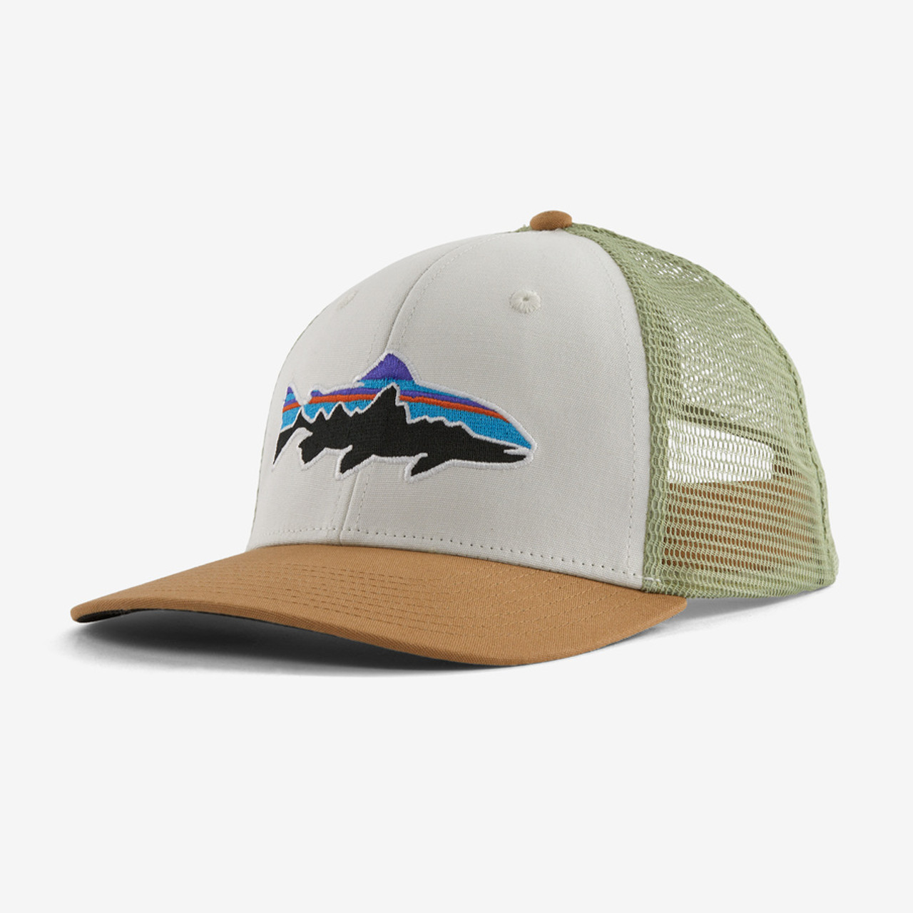 Patagonia Fitz Roy Trout Trucker Hat: White w/ Classic Tan
