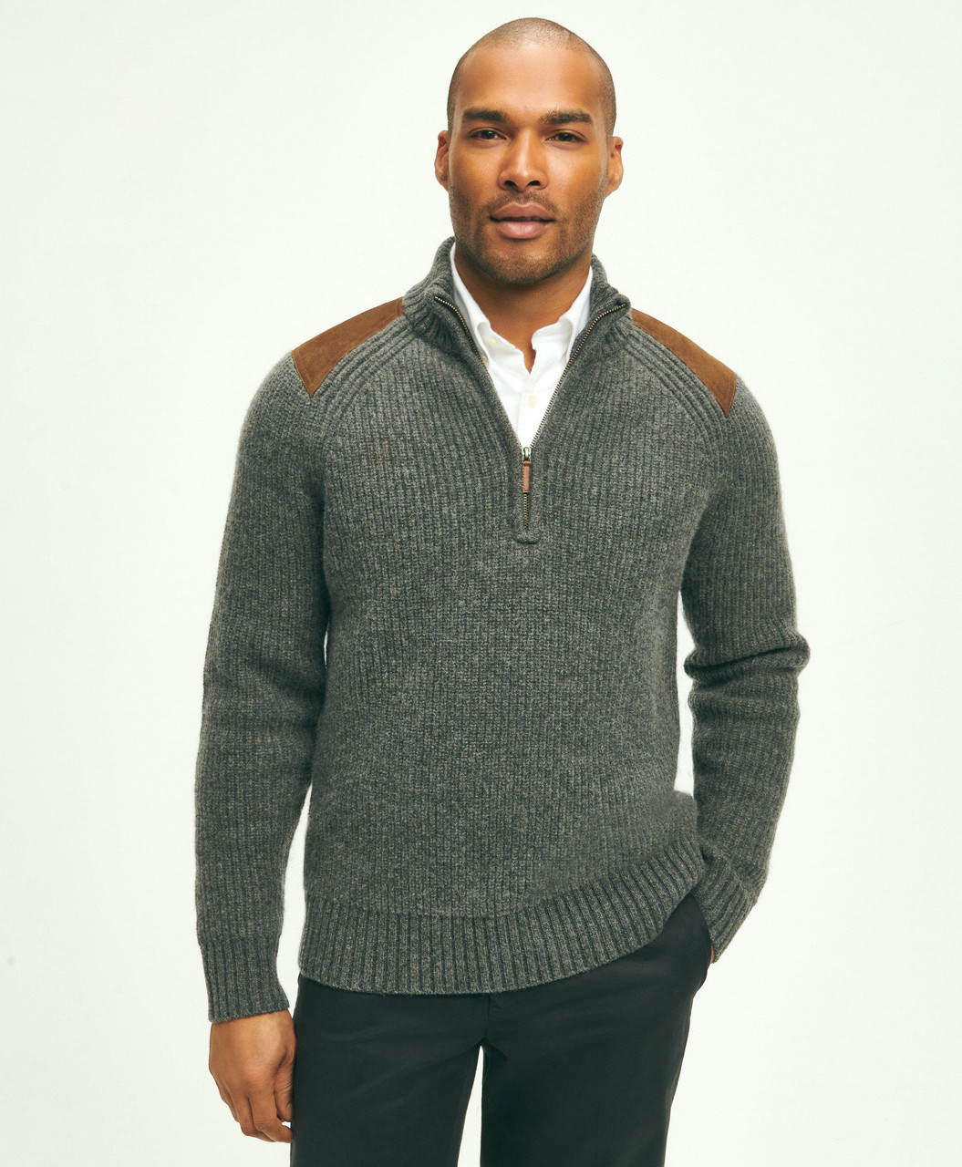 Brooks Brothers Lambswool Ribbed Half-Zip Military Sweater: Grey