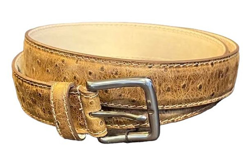 TB Phelps Colombia Leather Dress Belt: Ostrich Print Tan