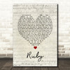 Kaiser Chiefs Ruby Script Heart Song Lyric Print