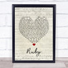 Kaiser Chiefs Ruby Script Heart Song Lyric Print