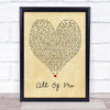 All Of Me John Legend Vintage Heart Song Lyric Quote Print