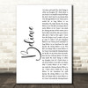 Staind Believe White Script Decorative Wall Art Gift Song Lyric Print