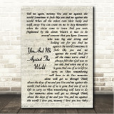 Helen Reddy You And Me Against The World Vintage Script Song Lyric Wall Art Canvas Framed Print
