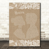 Bryan Adams Heaven Burlap & Lace Song Lyric Quote Print