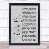 Sex Pistols Lonely Boy Grey Rustic Script Song Lyric Wall Art Print