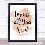 Watercolour Beatles Love Is All You Need Song Lyric Quote Print