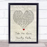 John Denver Take Me Home, Country Roads Script Heart Song Lyric Quote Music Print