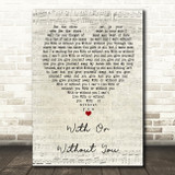 U2 With Or Without You Script Heart Song Lyric Quote Print