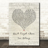 One Direction Don't Forget Where You Belong Script Heart Song Lyric Music Art Print
