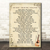 John Denver Take Me Home, Country Roads Vintage Guitar Song Lyric Print