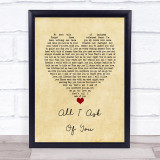 Josh Groban All I Ask Of You Vintage Heart Song Lyric Wall Art Print