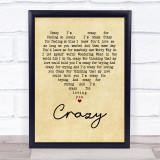 Patsy Cline Crazy Vintage Heart Song Lyric Quote Print