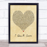 Ed Sheeran & Justin Bieber I Don't Care Vintage Heart Song Lyric Print