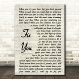 Coldplay Fix You Vintage Script Song Lyric Quote Print