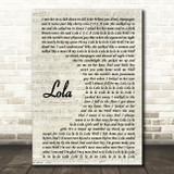 The Kinks Lola Vintage Script Song Lyric Print