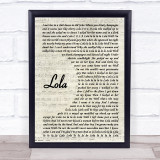 The Kinks Lola Vintage Script Song Lyric Print
