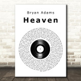 Bryan Adams Heaven Vinyl Record Song Lyric Quote Print