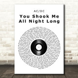 ACDC You Shook Me All Night Long Vinyl Record Song Lyric Print