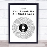ACDC You Shook Me All Night Long Vinyl Record Song Lyric Print