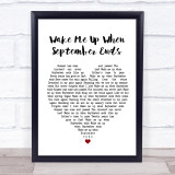 Green Day Wake Me Up When September Ends White Heart Song Lyric Quote Print