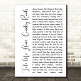 John Denver Take Me Home, Country Roads White Script Song Lyric Quote Music Print