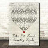 Toots And The Maytals Take Me Home, Country Roads Script Heart Song Lyric Print
