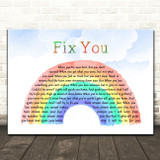 Coldplay Fix You Watercolour Rainbow & Clouds Decorative Wall Art Gift Song Lyric Print