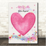 John Legend All Of Me Pink Heart Colourful Music Notes Song Lyric Print