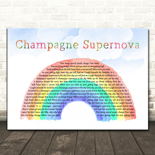 Oasis Champagne Supernova Watercolour Rainbow & Clouds Song Lyric Print
