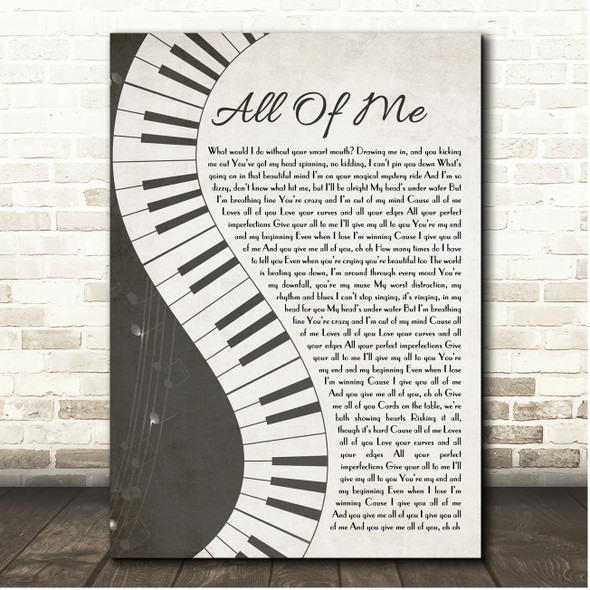 John Legend All Of Me Rustic Grey Piano Script Song Lyric Print