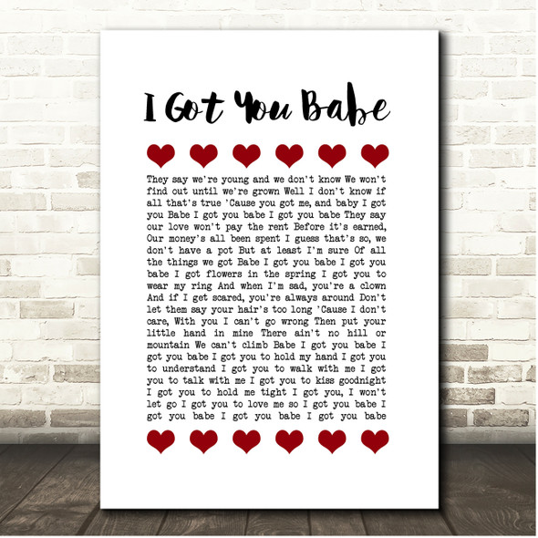 Sonny & Cher I Got You Babe Red Hearts In Row Song Lyric Print
