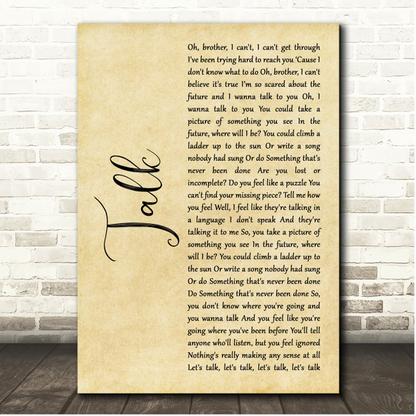 Coldplay Talk Rustic Script Song Lyric Print
