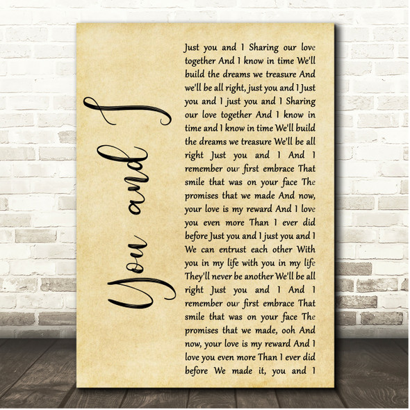 Crystal Gayle, Eddie Rabbitt You and I Rustic Script Song Lyric Print