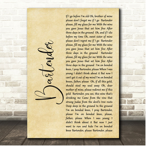 Dave Matthews Band Bartender Rustic Script Song Lyric Print