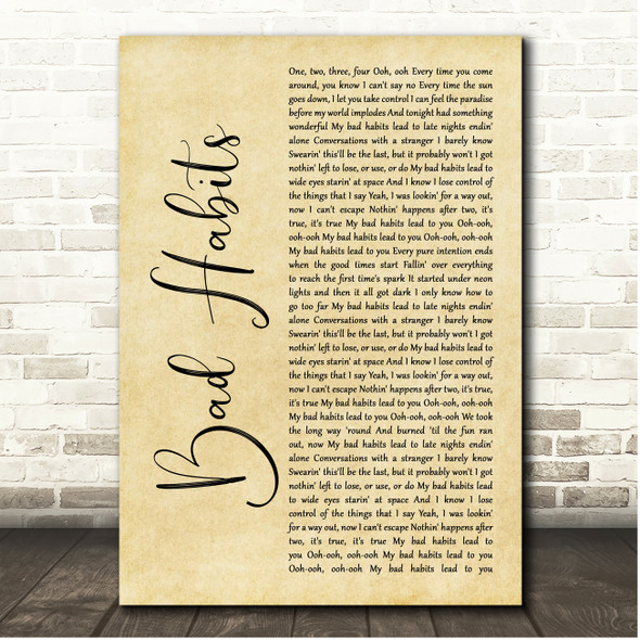 Ed Sheeran Bad Habits Rustic Script Song Lyric Print
