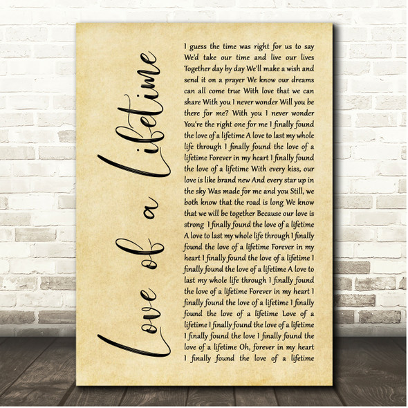 Firehouse Love of a Lifetime Rustic Script Song Lyric Print