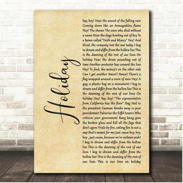 Green Day Holiday Rustic Script Song Lyric Print