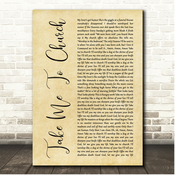 Hozier Take Me To Church Rustic Script Song Lyric Print