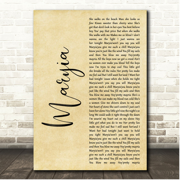 John Cafferty Maryia Rustic Script Song Lyric Print