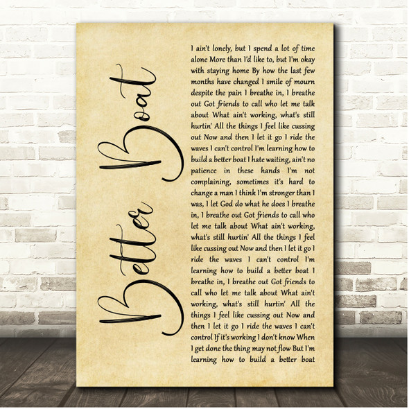 Kenny Chesney Better Boat Rustic Script Song Lyric Print