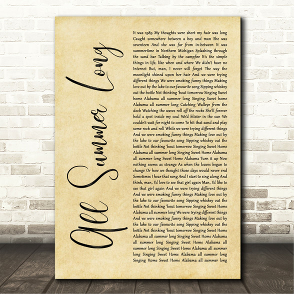Kid Rock All Summer Long Rustic Script Song Lyric Print
