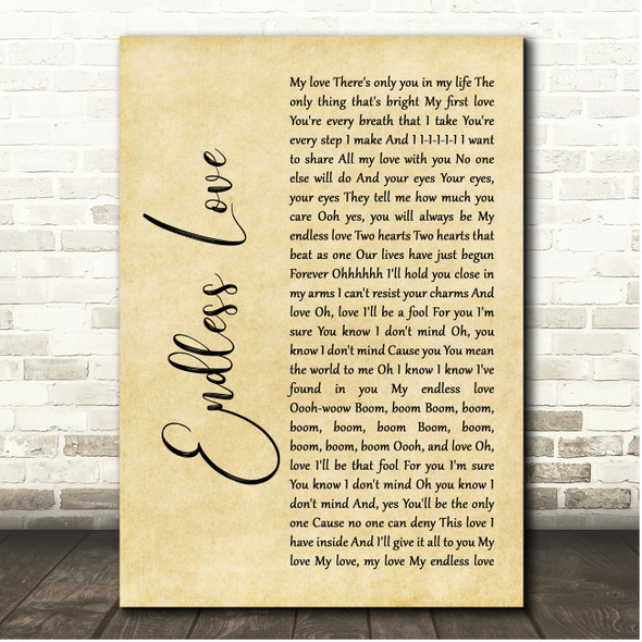 Lionel Richie & Diana Ross Endless Love Rustic Script Song Lyric Print