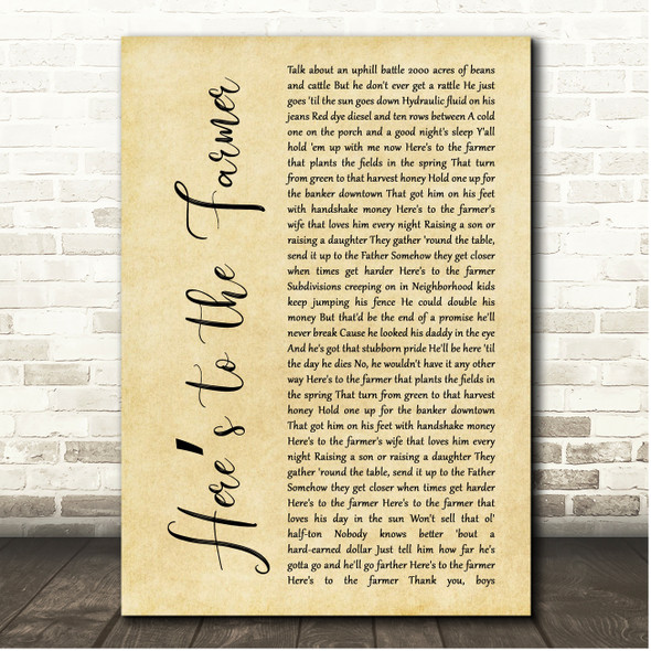 Luke Bryan Heres to the Farmer Rustic Script Song Lyric Print