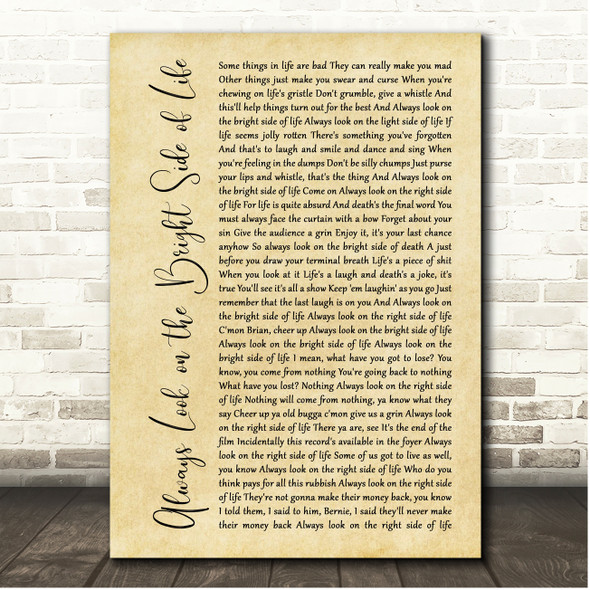 Monty Python Always Look on the Bright Side of Life Rustic Script Song Lyric Print